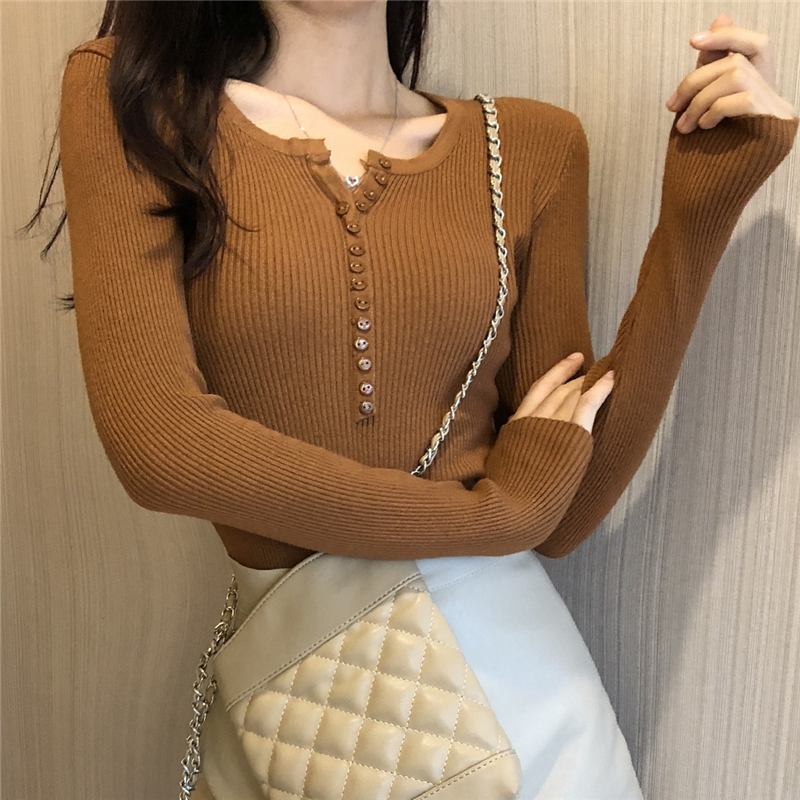 Sweater Ketat V-neck Ramping Wanita Korea Tipis Seksi Pendek atasan