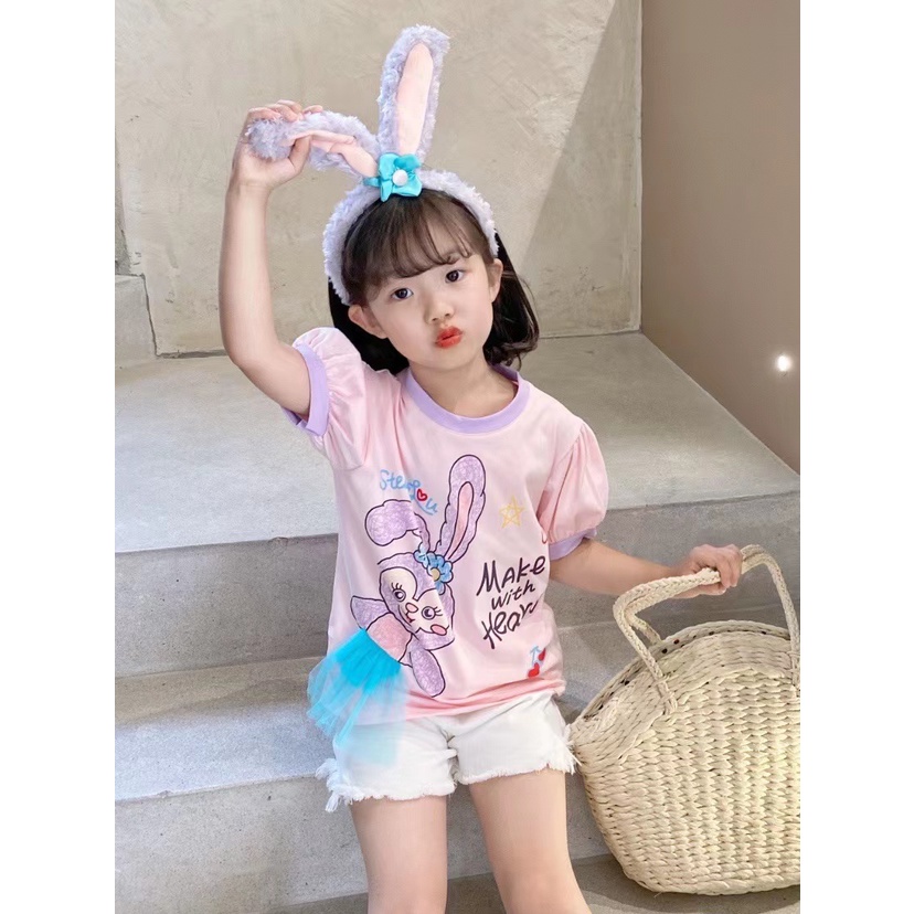 Kaos T-shirt Anak Perempuan Motif Stella Lou Lucu 3D Mesh Puff Sleeve