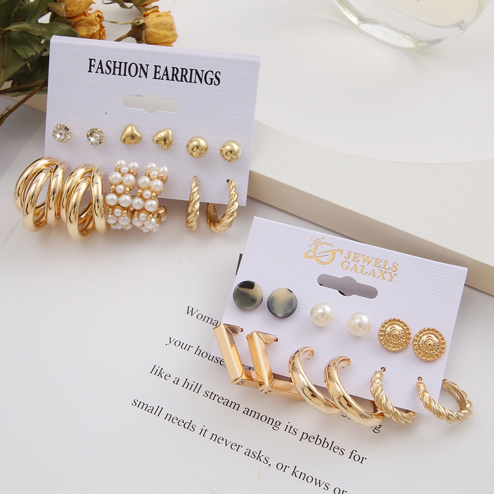 YEEZII 12 Pcs / Set Anting Stud Berlian Mutiara Bentuk Hati Warna Emas Untuk Aksesoris Perhiasan Wanita