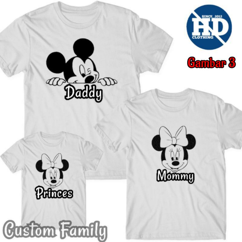 kaos custom gratis nama, baju couple keluarga motif mickey mouse