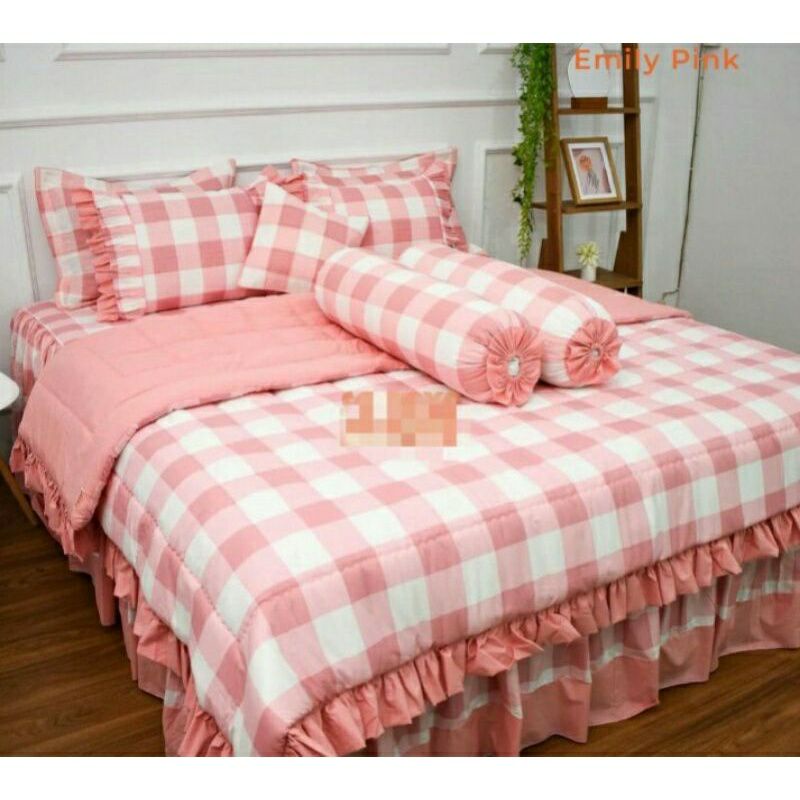 Sprei rumbai set bedcover pengantin bahan katun motif Emily Pink uk 100,120