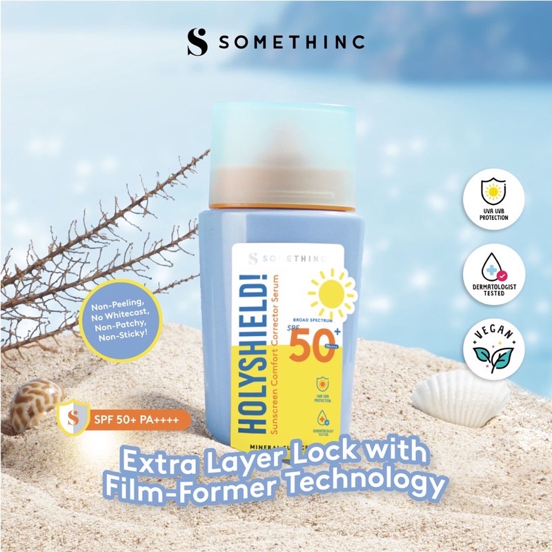 SOMETHINC Holyshield Sunscreen Comfort Correct Serum SPF 50+ PA++++ Indonesia / Mist Stick Spray Facial Wash Cleansing Essence Toner Ampoule Eye Cream Creme Eye Gel Sleeping Mask Masker Moisturizer Body Scrub Lotion / Cushion Powder Lip Sugar Wax Paket