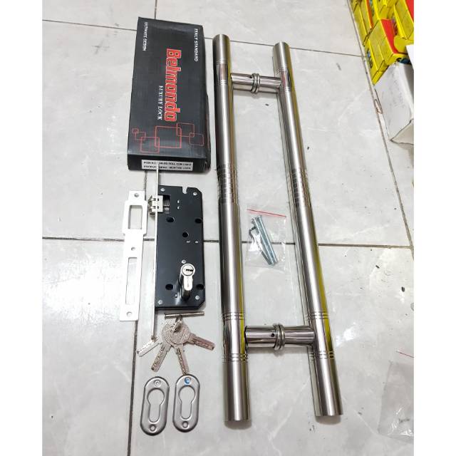 Paket handle pintu stainless baut tembus 60cm 1set + body pelor