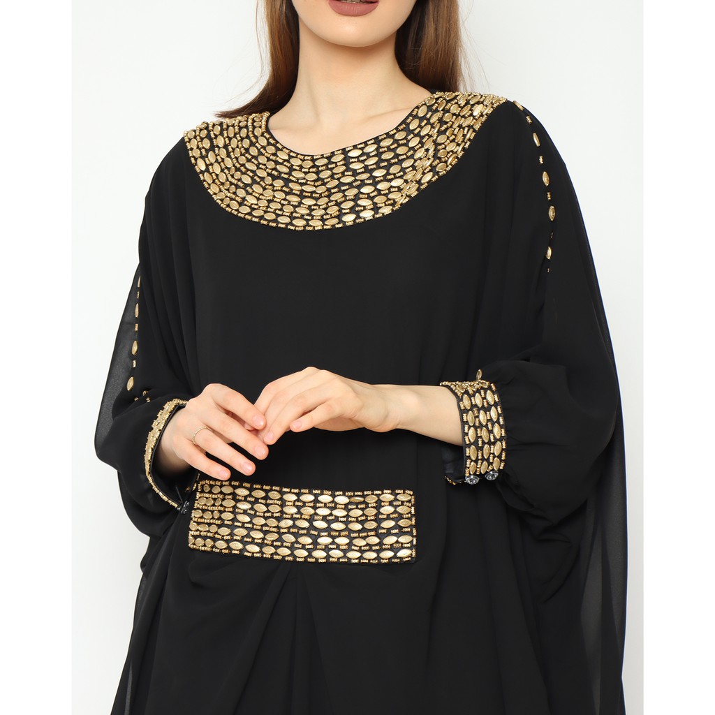 Gamis Wanita Full Payet Gold Warna Navy Mewah Syari untu pesta Lebaran mewah dan modern all size