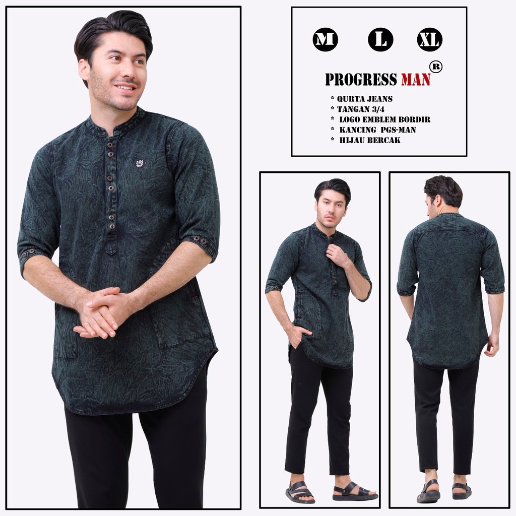 PROGRESS MAN baju koko jeans pria lengan tiga perempat koko kurta pangsi kemeja koko denim pria lengan tiga perempat kurta pangsi jeans baju kurta denim dewasa logo bordir kancing ganda Hitam washing P4N9S504