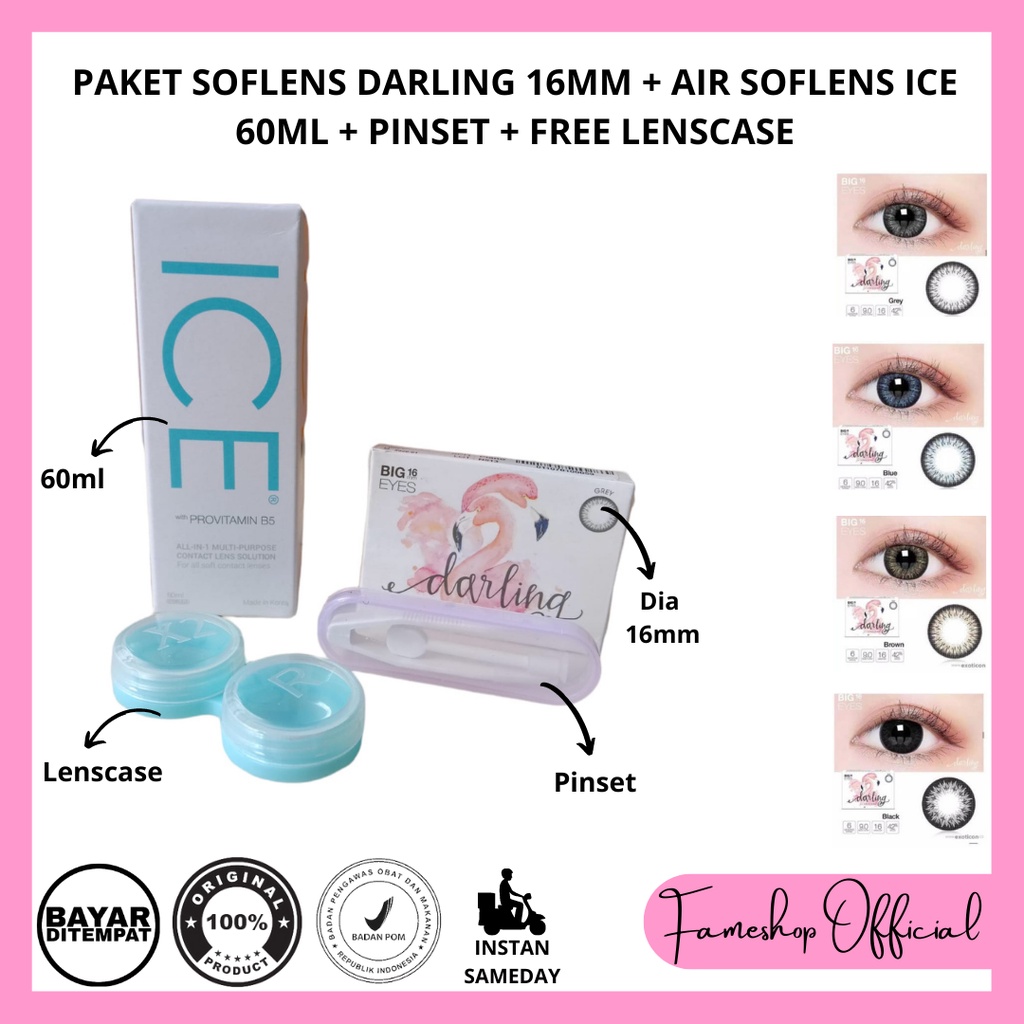 PAKET SOFTLENS DARLING DIA 16MM + CAIRAN ICE 60ML + PINSET + LENSCASE / COD INSTAN SAMEDAY / LENSA KONTAK / PAKET MURAH