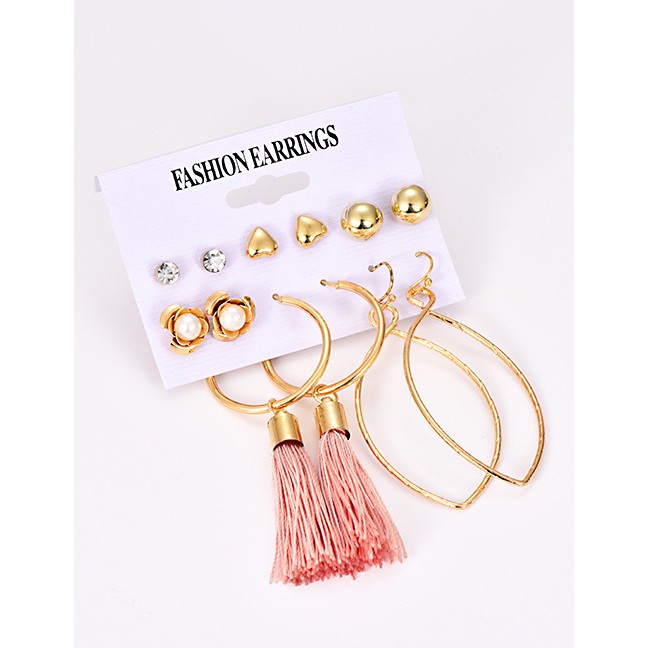 LRC Anting TusukFashion Gold Alloy Love Rose Tassel Stud Earring Set F50691