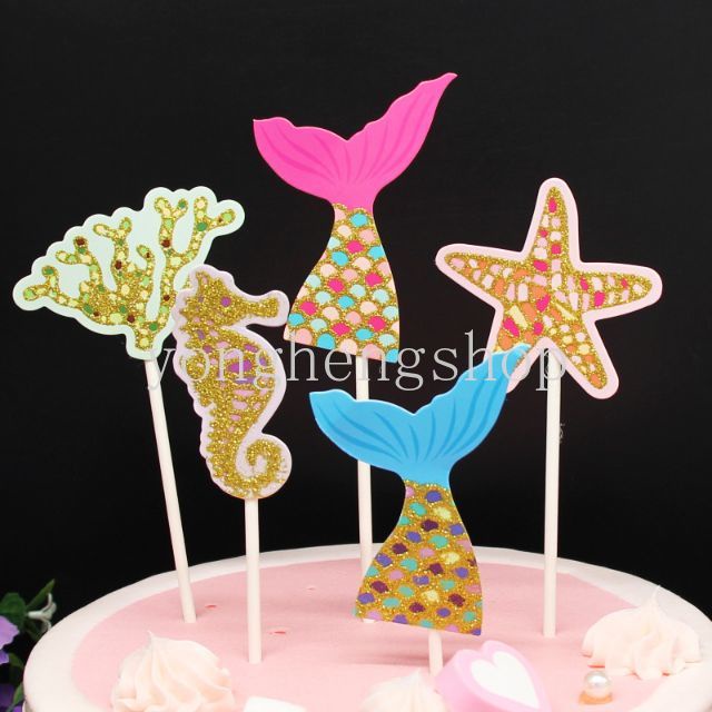 5pcs / set Topper Kue Desain Ekor Mermaid / Bintang Laut Untuk Dekorasi Pesta Ulang Tahun Anak