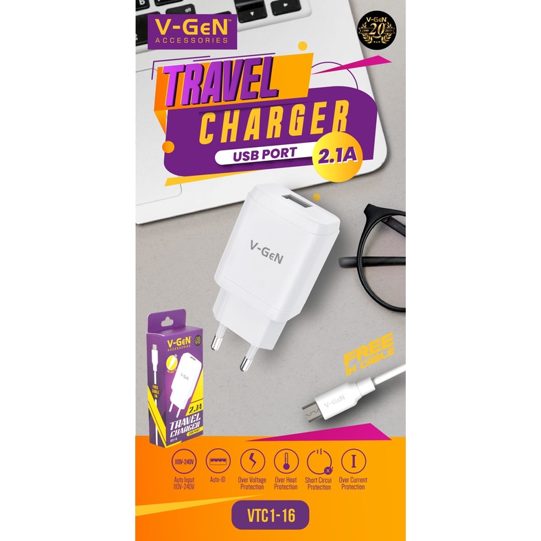 KHANZAACC VGEN VTC1-16 Travel Charger Single USB Port 2.1A Include Micro USB Cable