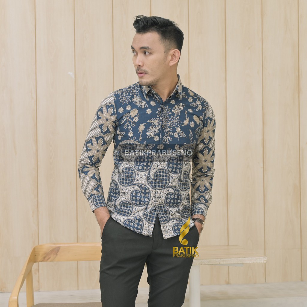 TRIMASKORO KEMEJA BATIK PRIA LENGAN PANJANG SLIMFIT KATUN PRINTING HEM BAJU SERAGAM KANTOR MODERN KE