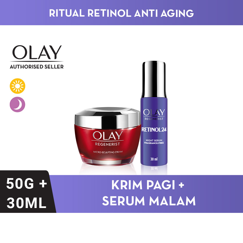 Olay Ritual Paket Skincare Anti Aging Pelembab Regenerist Pagi 50g & Retinol 24 Serum 30ml