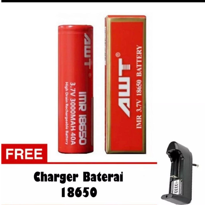 baterai 18650 awt 3000mah free charger 1slot