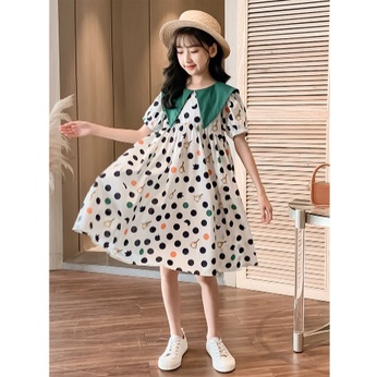 DRESS Anak cewek import 5TH-14TH TERUSAN PREMIUM- BOLA BOLA POLKADOT KERAH HIJAU