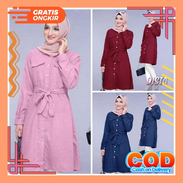 Tunik Terbaru Wanita Premium Lengan Panjang Serut Tali Pinggang Fashion Muslim Dewasa Kekinian Origi