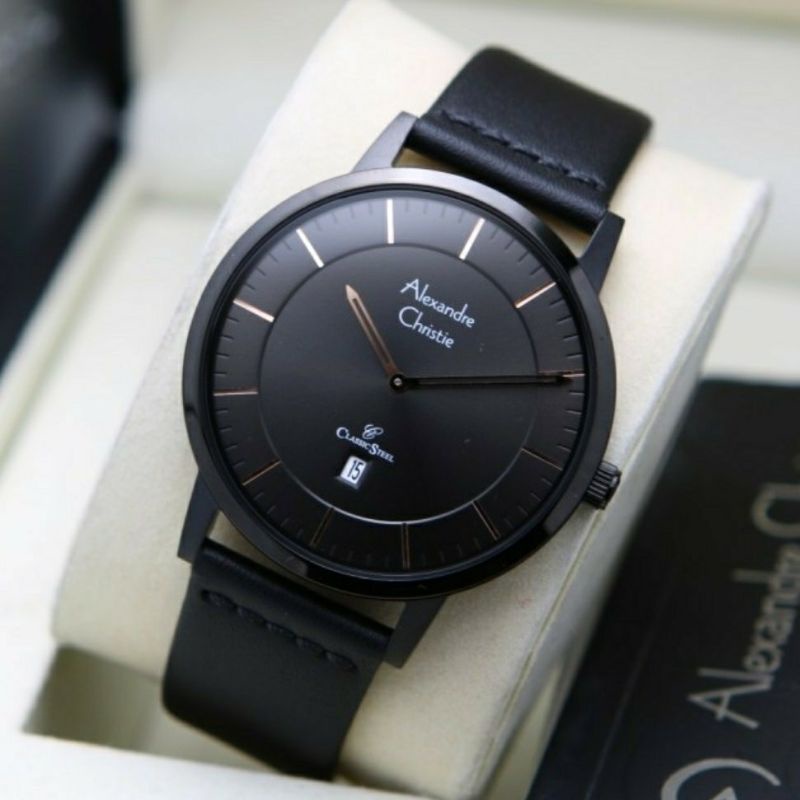 Alexandre Christie Original AC8639 Jam Tangan Pria Tali Kulit Hitam