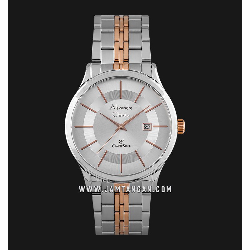Alexandre Christie AC 8348 MD BTRSL Classic Steel Men Silver Dial Dual Tone Stainless Steel Strap