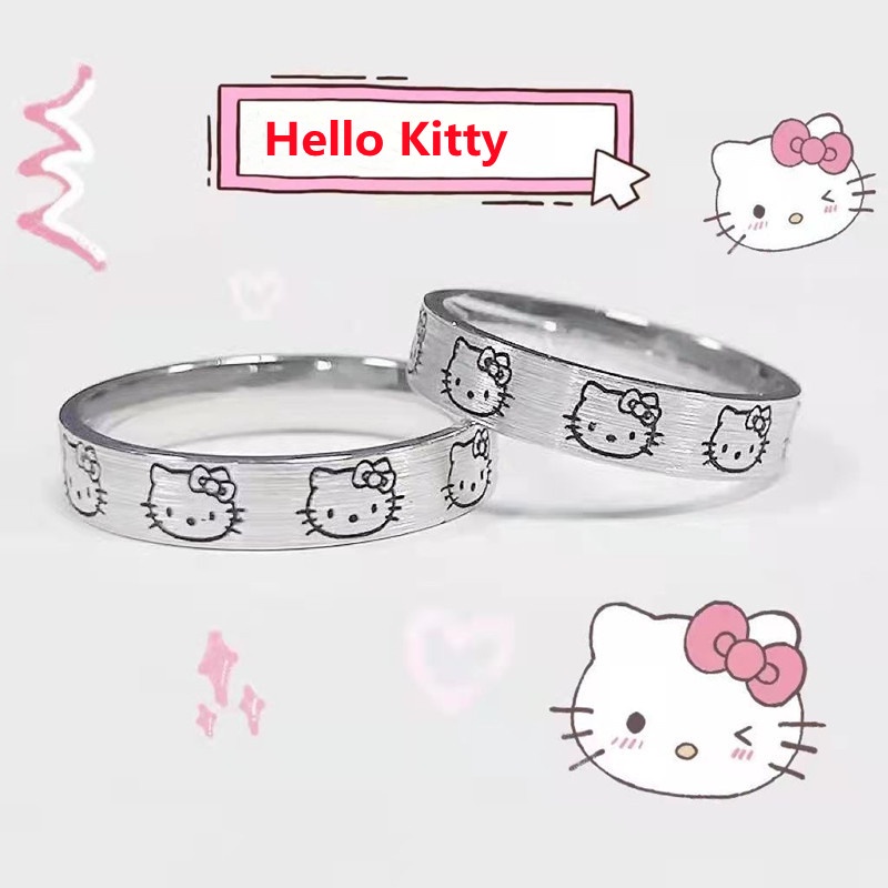 Cincin Desain Hello Kitty Bahan 925 Silver Dapat Disesuaikan Untuk Wanita