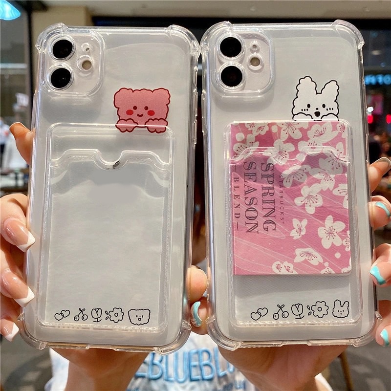 Tas Kartu Bening Case Hp OPPO A54 A55 A96 A76 A15 A12 A74 A16 Reno 76 A9 A5 2020 A7 A5s A3s A15s A35 A36 A12E A11K Reno8 7lembut Lucu Kartun Beruang Kelinci Shockproof Cover