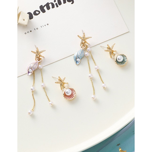 LRC Anting Tusuk Fashion 925 Silver Needle Starfish Shell Conch Fringe Asymmetric Earrings F7677X