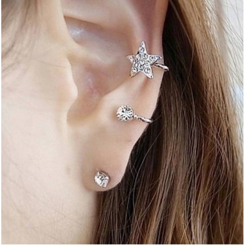 Anting 2Pc Set E214 BINTANG Tindik Jepit Klip Clip Gaya Korea Fashion Diamond Star Earrings