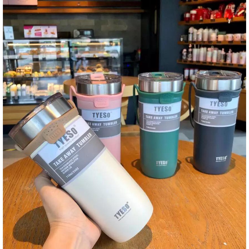 tyeso take away tumbler 100% ORIGINAL free sedotan double vacuum stainless steel coffee thermos with rope handle / botol minum portable premium quality / coffee tea tumbler