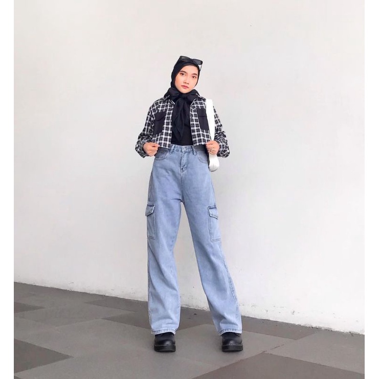 Celana Jeans high waist cargo Jeans wanita