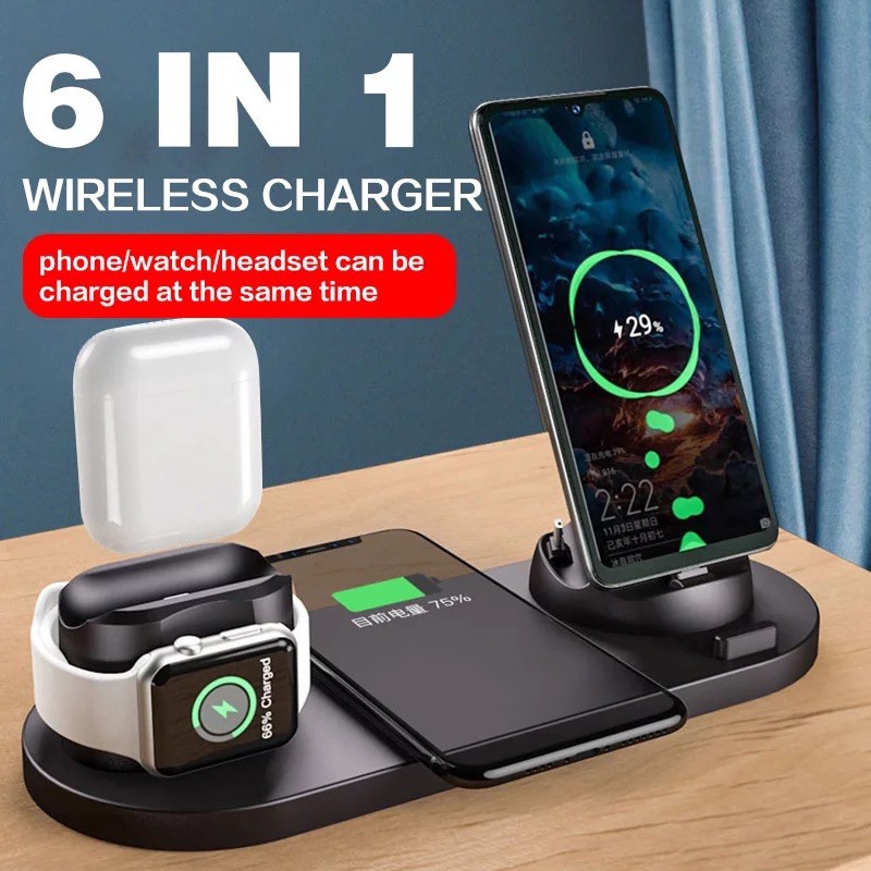 ELAVO 6 in 1 wireless charging Dock handphone 10W HP iphone 8 X XR XS 11 12 13 Pro max Mini  FAST Charging samsung s6 s7 s20 s10 note 8 9 10 apple watch 2 3 4 5 6 airpods 1 2 charger