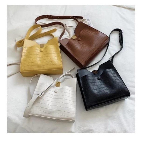 TAS SELEMPANG ZETTA HILTON 2 IN 1 IMPORT KULIT HITAM CROCO MURAH BRANDED FASHION KOREA WANITA BATAM