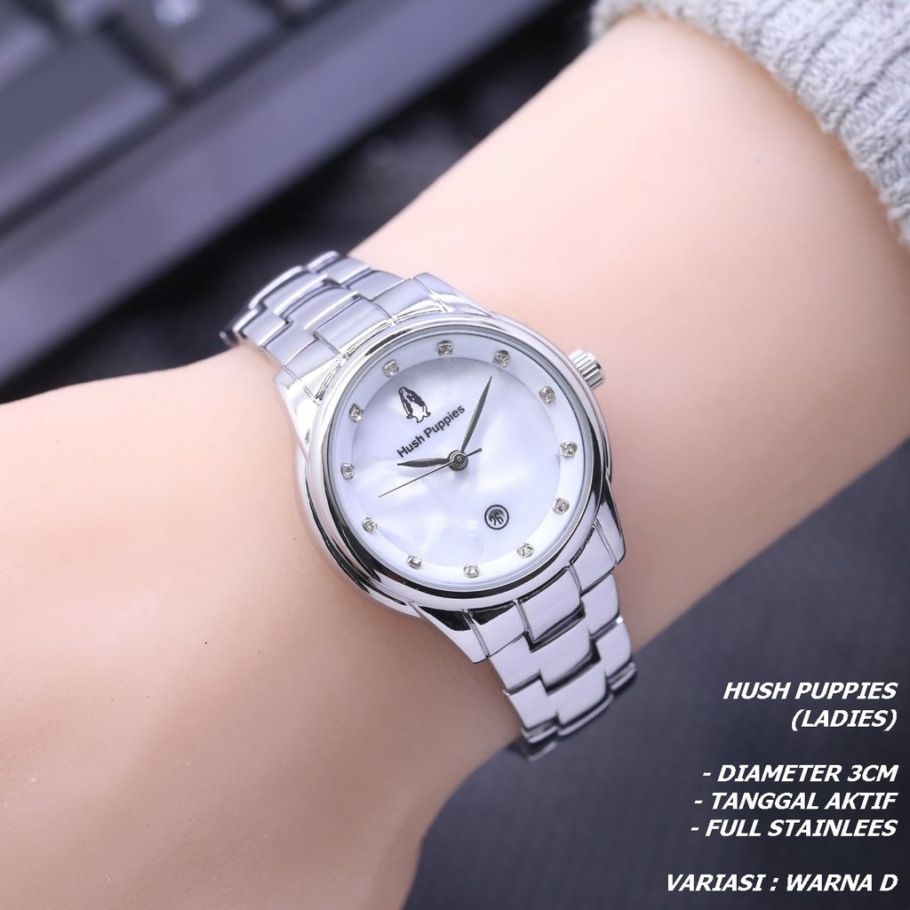 JAM TANGAN WANITA HUSH PUPPIES RANTAI BODY BULAT TANGGAL AKTIF