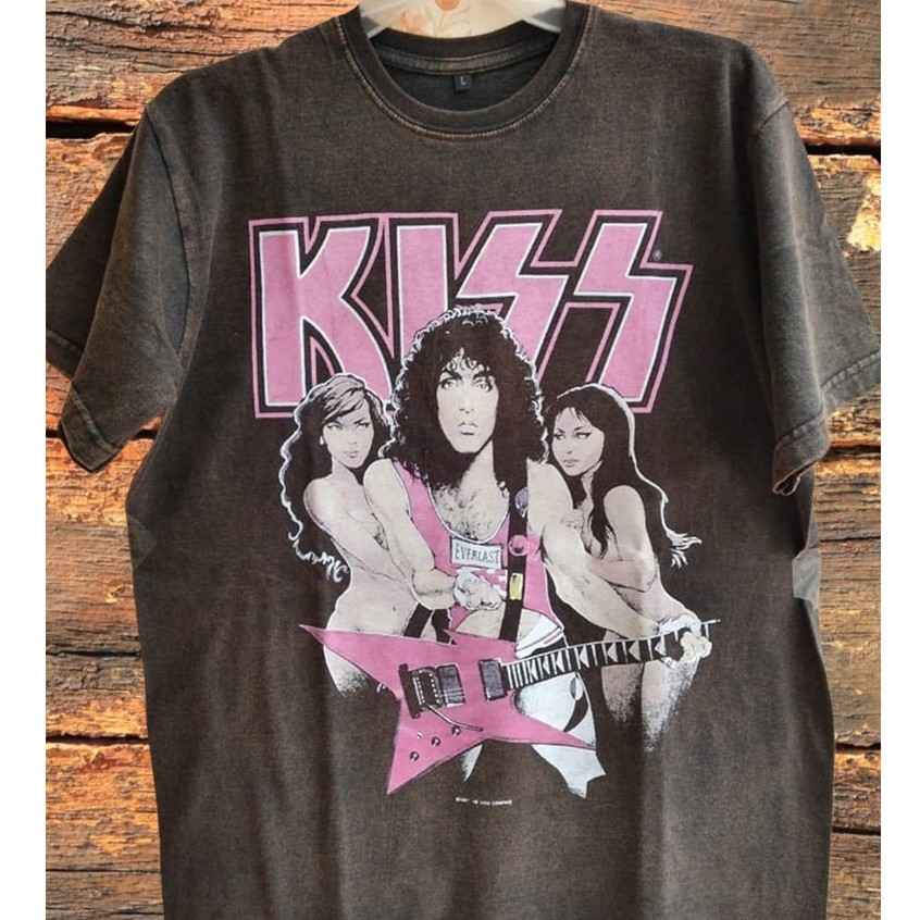 KISS Band 80s Vintage Wash Tee Shirt, Kaos Vintage Wash Kiss Bad 80s Unisex