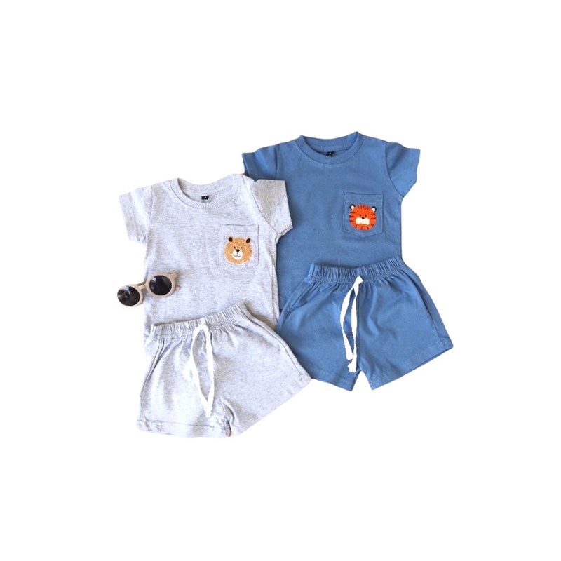 Set Setelan Anak Laki Laki Cowok Perempuan Cewek 1-5 Tahun Baju Setelan Atasan Kaos Anak dan Celana Pendek Anak 1-5 Th Jungle Set