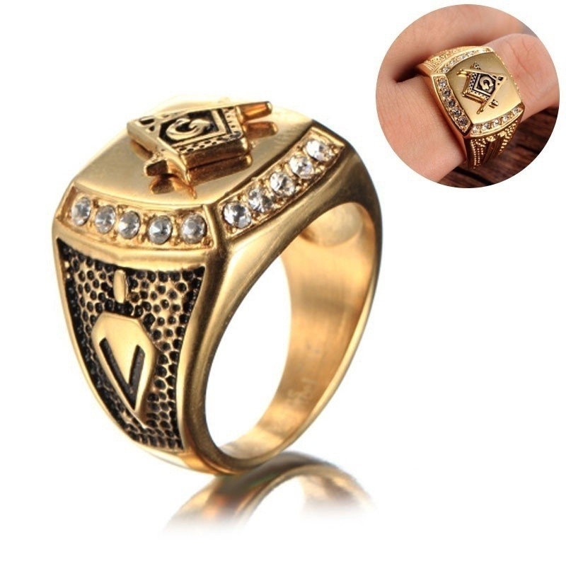 SEUSUK  Crystal Embedding Gold Masonic Ring High Polished Titanium Steel Jewelry