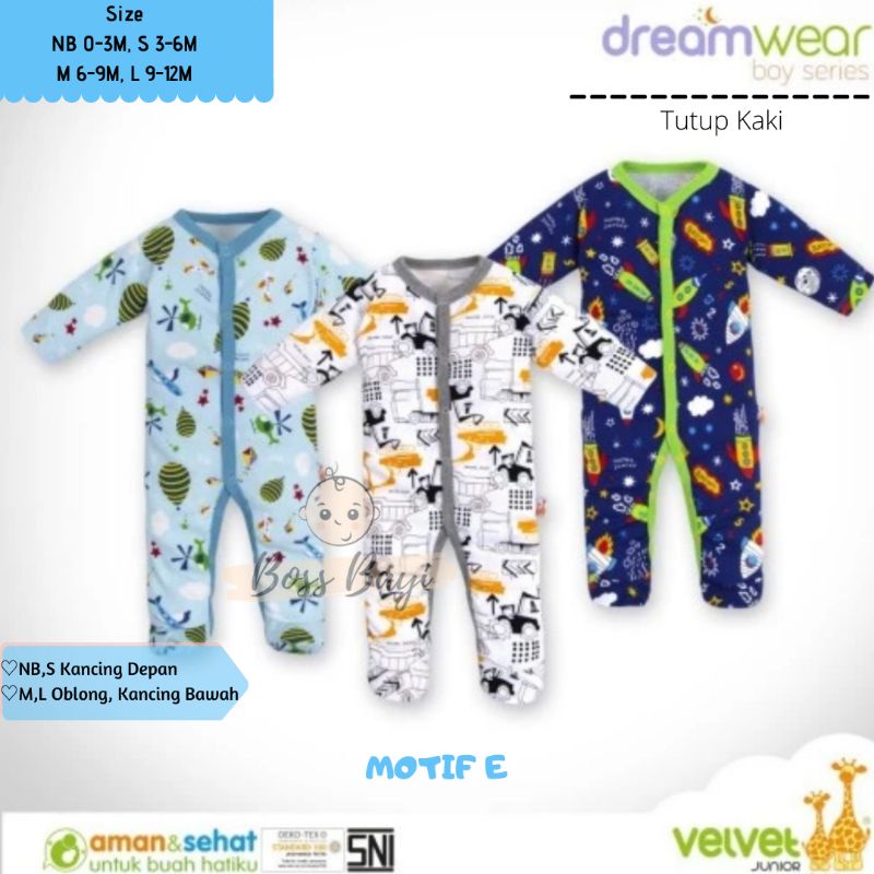 VELVET JUNIOR Dreamwear sleepsuit kancing depan/oblong kancing bawah tutup kaki NB,SML