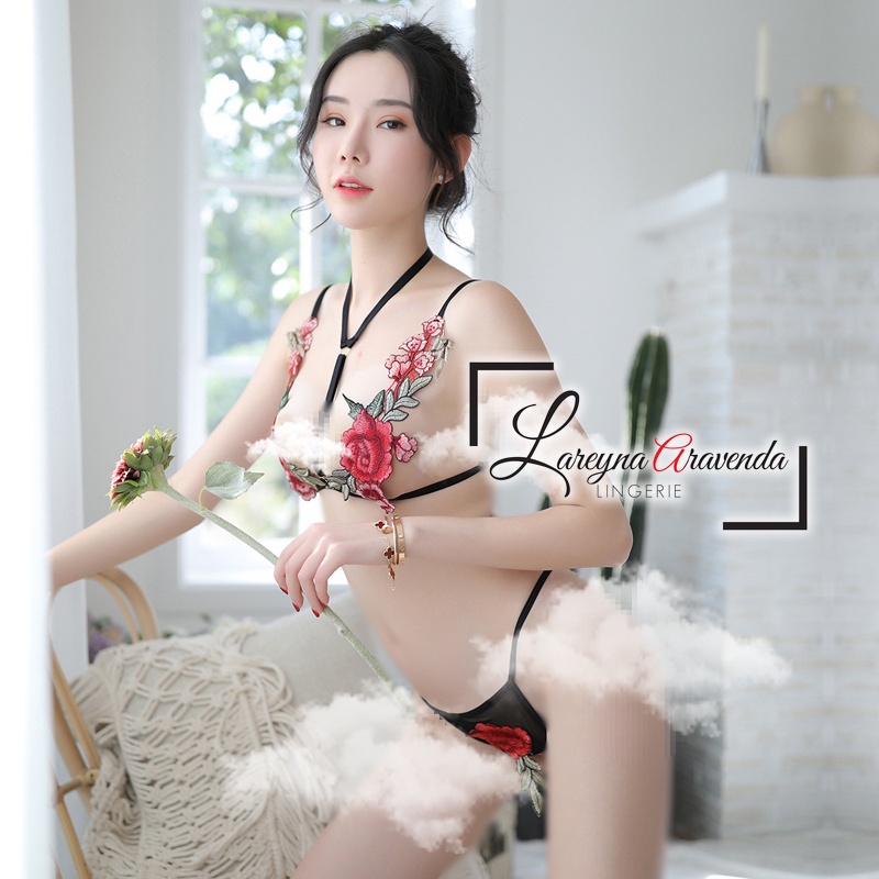 Set Bra Lingerie Seksi &amp; G String Model Bordir Bunga LG006