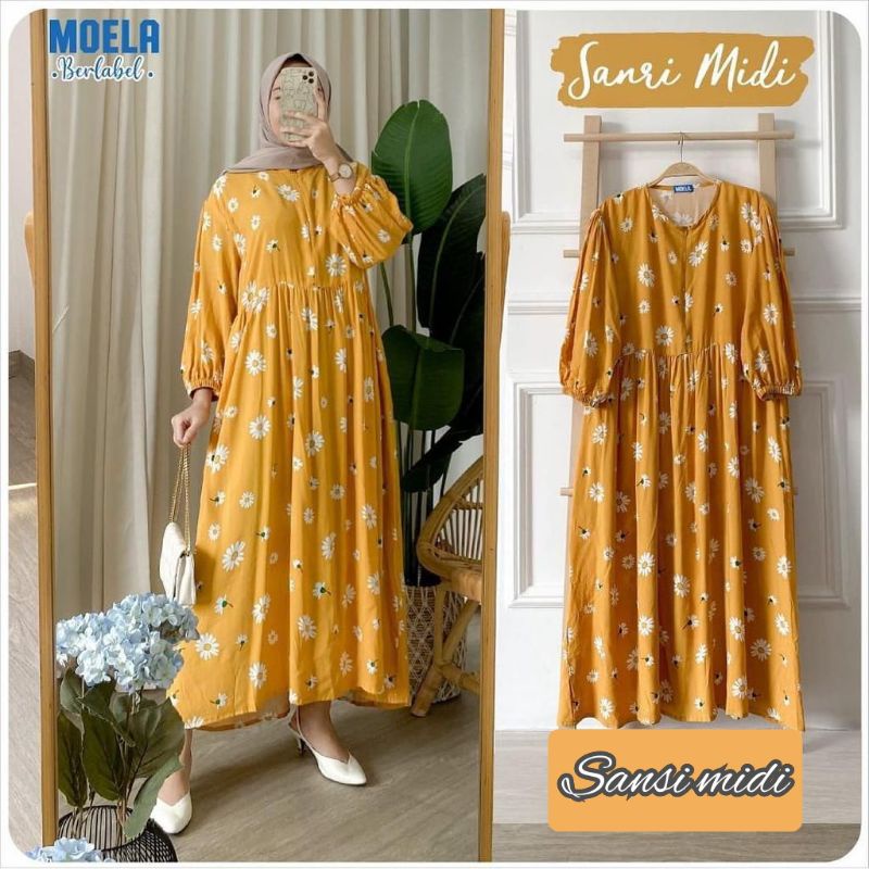 Midi dress/ midi dress rayon/ midi dress jumbo/ midi dress muslim / Dress muslimah / midi dress ld 120cm / dress jumbo/ midi dres/ dress rayon-sansi Kuning