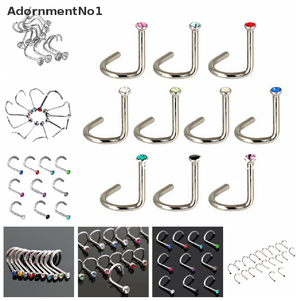 (AdornmentNo1) 10pcs / Set Cincin Tindik Hidung / Tubuh Bahan Stainless Steel Hias Kristal Untuk Wanita