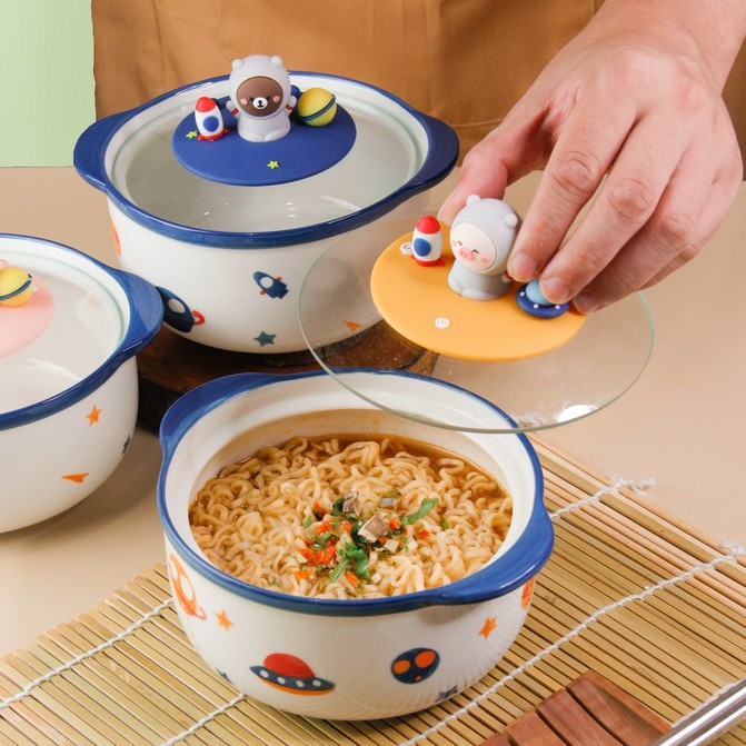 YIRU Mangkok Keramik Korea Tutup Kaca Lucu Set