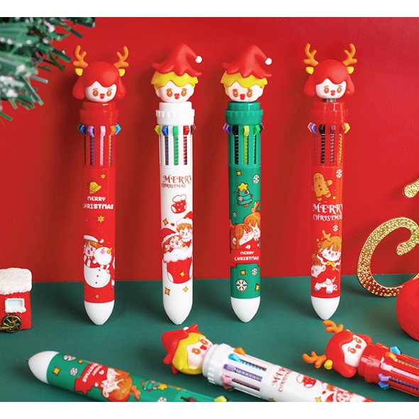 Bolpoin Warna CHRISTMAS 10 in 1 / Pulpen 10 Warna Tema Natal / Pena Warna 10in1 / Ballpoint Gel Pen Colorful / Pulpen Karakter Xmas 10 Warna / Pulpen Gel 0,5 mm