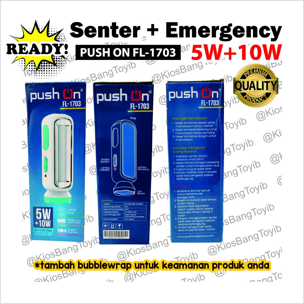 Senter LED 5W + Lampu Emergency 10W Wireless Tanpa Kabel (PUSH ON FL-1703)