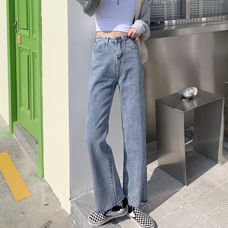 korean style biru salju loose straight high waist celana jeans wanita(Unfinished)