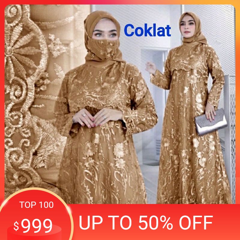 Promo % Baru Gamis SARA (Free Masker Brukat) gamis  Muslim Dewasa dan Remaja Full Brukat Tile (100% 