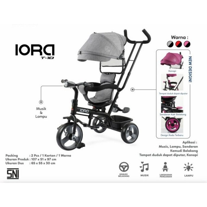 Sepeda Anak Roda 3 Kanopi Baby Tricycle PMB IORA T10 Sepeda Anak Roda Tiga