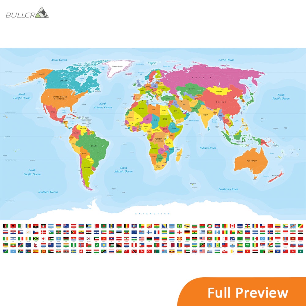 Hiasan dinding Peta dunia bendera lengkap custom ukuran besar dengan bingkai frame kayu jati 100x68c