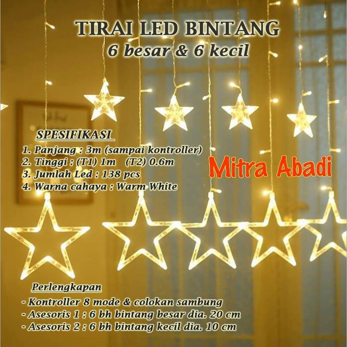 Lampu Natal Tirai LED Bintang Warm White 138 LED 3 Meter