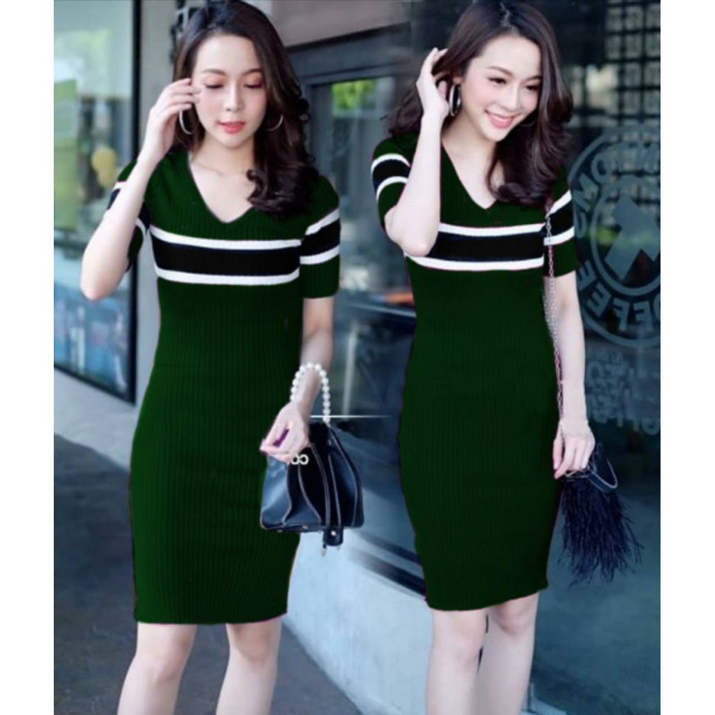 WSE390 - V Dress RAJUT Salur / Dress Rajut / Dress Wanita Korea / DRESS PREMIUM QUALITY