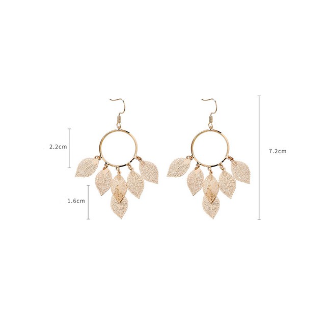 LRC Anting Gantung Fashion Gold Fringed Geometric Circle Openwork Leaf Earrings D20858