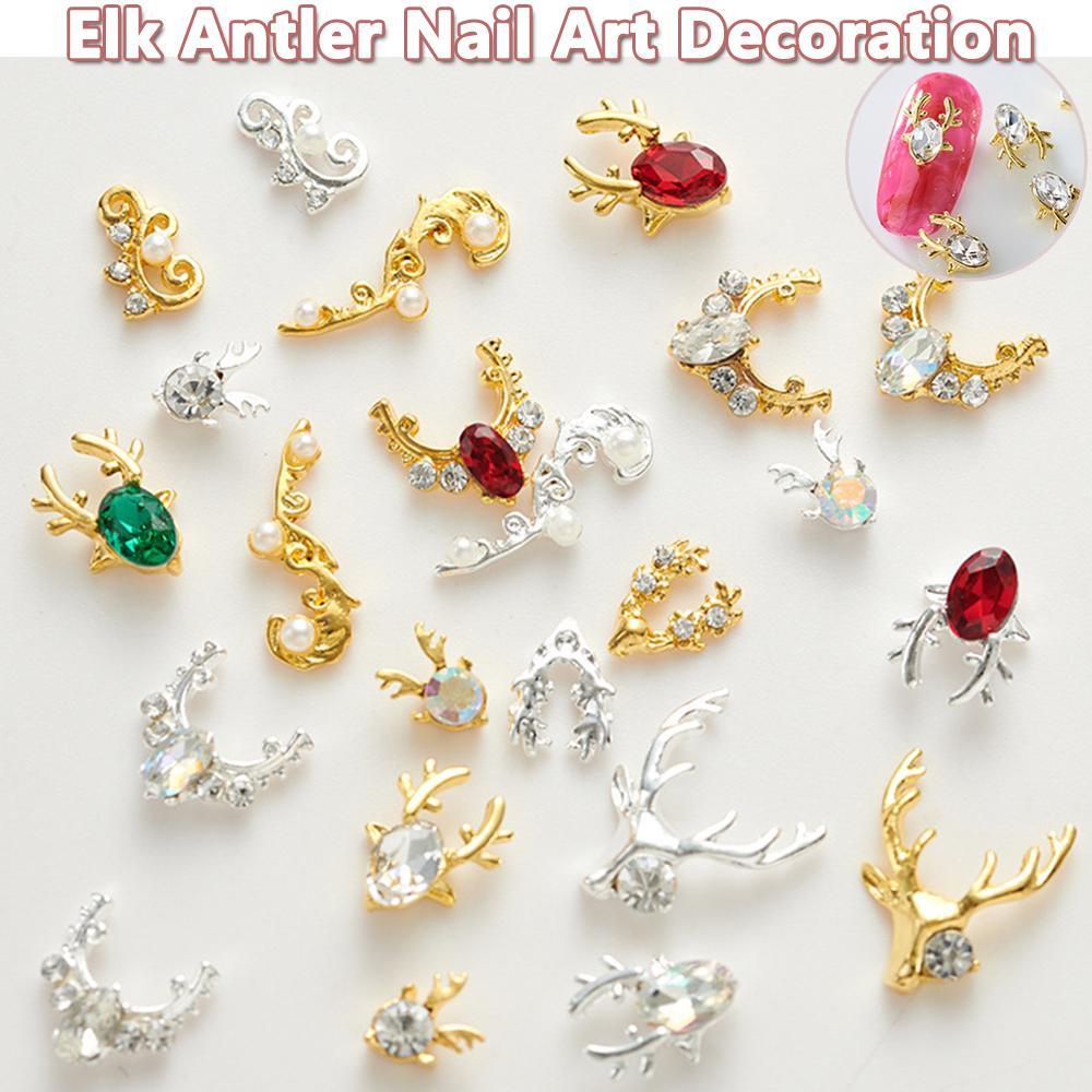 AUGUSTINA Agustina Tanduk Rusa Kuku Berlian Imitasi Mewah Shiny Antler Shape Metal Crystal Nail Art Dekorasi