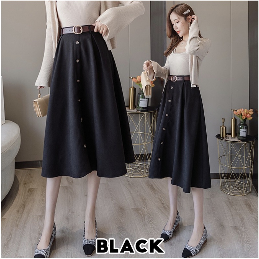 KARAKOREA 9856 Loona Skirt + Belt (Rok autumn/Rok Midi/Rok Kerja/ Midi Skirt)/Rok Korea Skirt