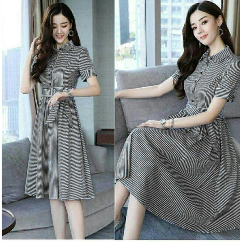 Jual JU24 Kasual Dress Line 3WARNA / DM / Midi Dress / Pakaian Wanita
