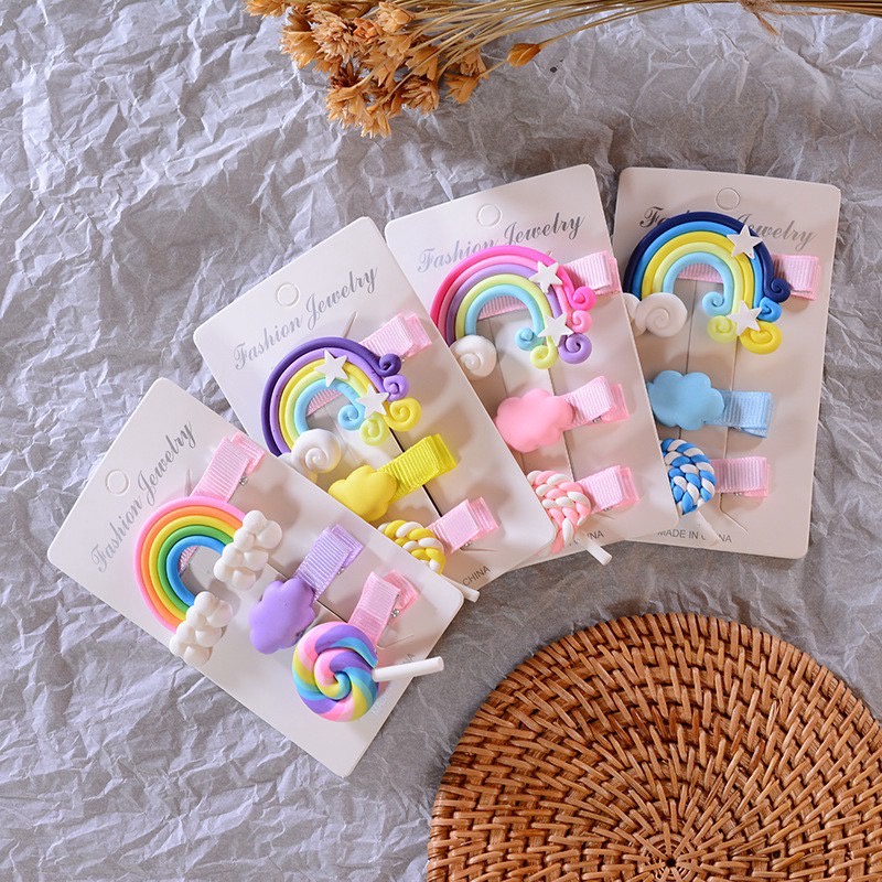 BS394 Jepitan Rambut 1 Set Isi 3pcs Hair Clip Rainbow Lollipop / Aksesoris Rambut Pelangi Anak